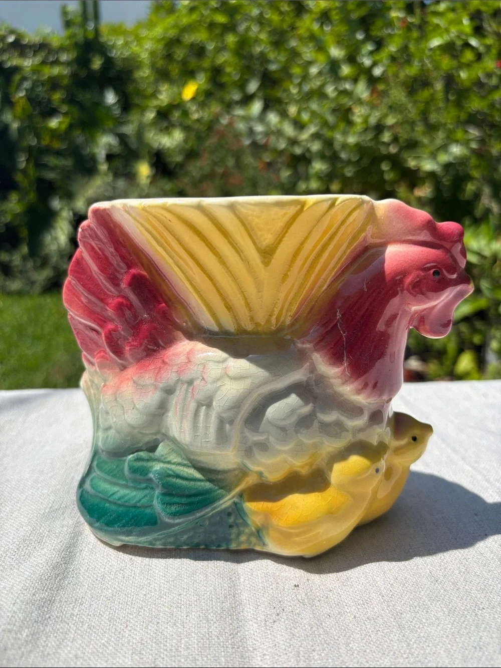 Vintage Hand-Painted Rooster Ceramic Vase in Red, Yellow & Green